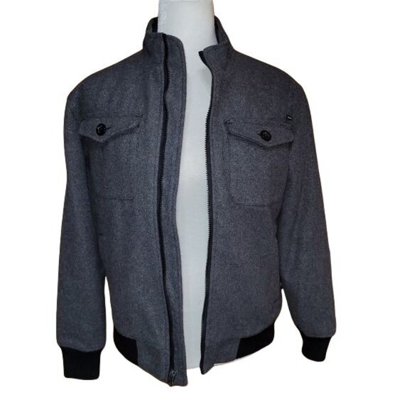 Quiksilver Boys Sz Large Gray Wool Blend Bomber Jacket Full Zip Buttoned Pockets - Picture 1 of 7
